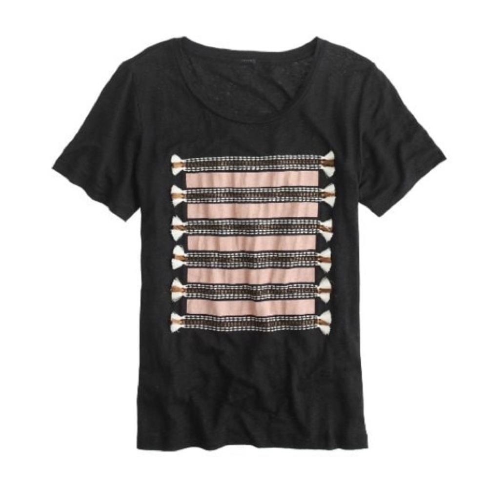 J. Crew Women T-shirt Sz M 100% Linen Dark Navy w/ Embroidered Tassel Striped